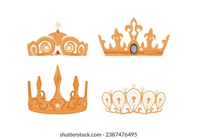 Gold king and queen crown vector illustration, imperial symbol, wealth and authority trophy set