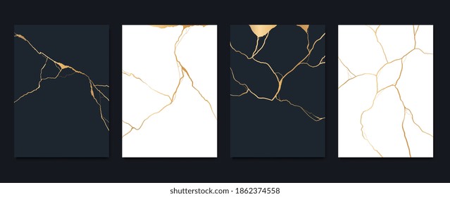 Золото kintsugi обложка дизайн вектор. Роскошная золотая мраморная текстура. Трещина и сломанный рисунок земли для настенных рисунков, предметов интерьера, печати и обоев.
