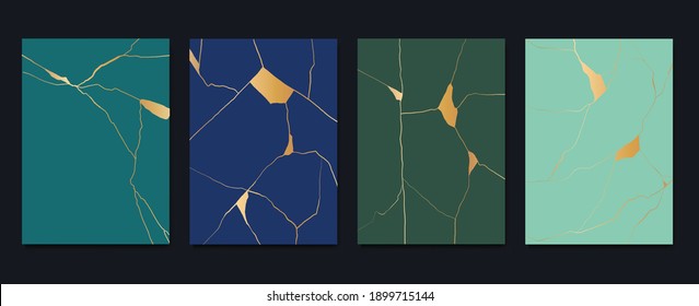 Gold kintsugi cover design vector. Luxury golden marble texture. Crack and broken ground pattern for wall arts, home decoration, print and wallpaper.