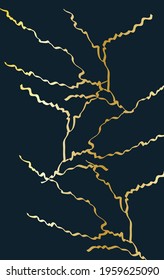 Gold kintsugi cover design vector. Luxury golden marble texture. Crack and broken ground pattern. Rectangular, lightning, black and white. Business card, social media background