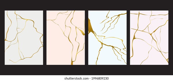 Gold kintsugi cover design vector. Luxury golden marble texture. Crack and broken ground pattern for wall arts, home decoration, print and wallpaper.