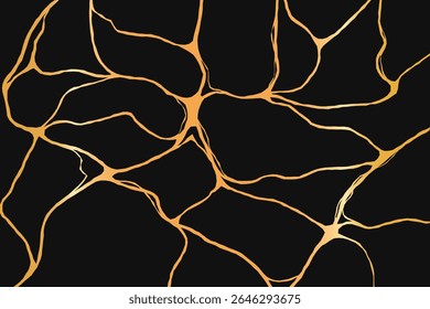 Gold kintsugi crack lines on black background. Japanese golden pattern, luxury marble texture. Vector illustration
