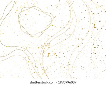 Gold kintsugi crack pattern with golden dots on white background. Golden texture. Broken marble luxury stone pattern effect. Foil wallpaper glitter graphic. Wedding card template. Vector