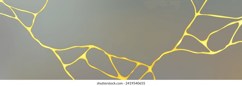 Gold kintsugi crack pattern on gray background. Realistic vector illustration of abstract marble pattern with golden crackle line texture. Backdrop with geometric glitter mosaic scratch effect.