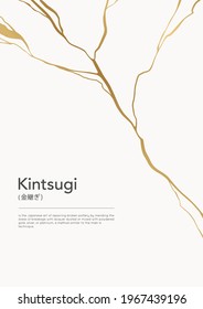 Gold kintsugi crack poster. Japanese art of repairing broken pottery. Asian philosophy for repairing broken things. Minimal print design for home decoration. Vector illustration