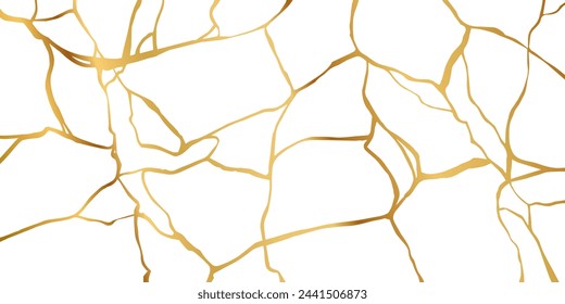 Gold kintsugi crack repair marble texture vector illustration isolated on white background. Broken foil marble pattern with golden dry cracks. Wedding card, cover or pattern Japanese motif background.