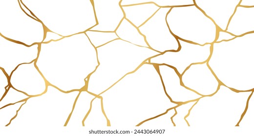 Gold kintsugi crack repair marble texture vector illustration isolated on white background. Broken foil marble pattern with golden dry cracks. Wedding card, cover or pattern Japanese motif background.