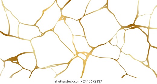 Gold kintsugi crack repair marble texture vector illustration isolated on white background. Broken foil marble pattern with golden dry cracks. Wedding card, cover or pattern Japanese motif background.