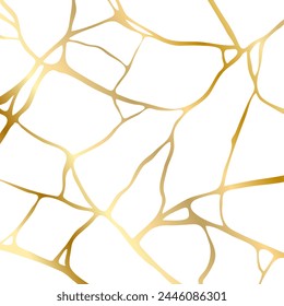 Ilustración vectorial de la textura del mármol de la reparación de la grieta del kintsugi del oro aislada en fondo blanco. Patrón de mármol de aluminio roto con grietas secas doradas. Tarjeta de Boda, cubierta o patrón de fondo de motivo japonés.