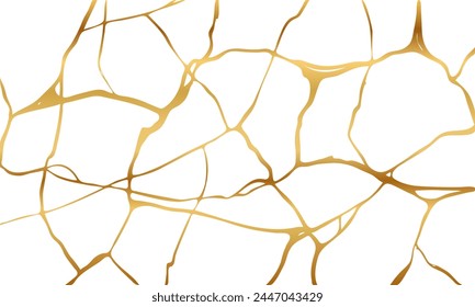 Gold kintsugi crack repair marble texture vector illustration isolated on white background. Broken foil marble pattern with golden dry cracks. Wedding card, cover or pattern Japanese motif background.