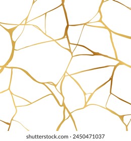 Gold kintsugi crack repair marble texture vector illustration isolated on white background. Broken foil marble pattern with golden dry cracks. Wedding card, cover or pattern Japanese motif background.