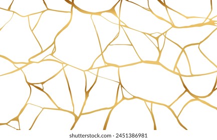 Gold kintsugi crack repair marble texture vector illustration isolated on white background. Broken foil marble pattern with golden dry cracks. Wedding card, cover or pattern Japanese motif background.