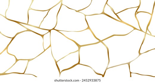Gold kintsugi crack repair marble texture vector illustration isolated on white background. Broken foil marble pattern with golden dry cracks. Wedding card, cover or pattern Japanese motif background.