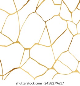 Gold kintsugi crack repair marble texture vector illustration isolated on white background. Broken foil marble pattern with golden dry cracks. Wedding card, cover or pattern Japanese motif background.