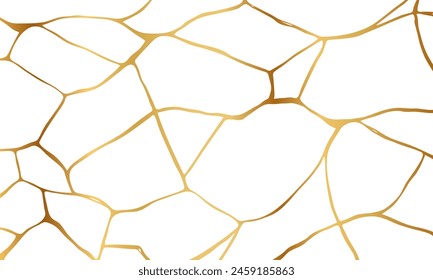 Gold kintsugi crack repair marble texture vector illustration isolated on white background. Broken foil marble pattern with golden dry cracks. Wedding card, cover or pattern Japanese motif background.