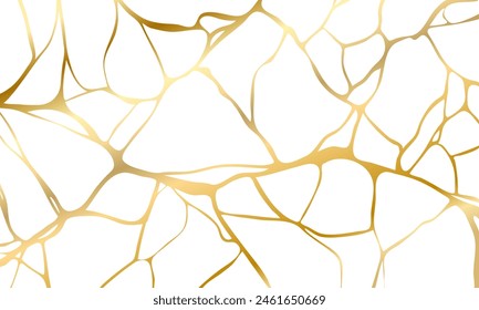 Gold kintsugi crack repair marble texture vector illustration isolated on white background. Broken foil marble pattern with golden dry cracks. Wedding card, cover or pattern Japanese motif background.