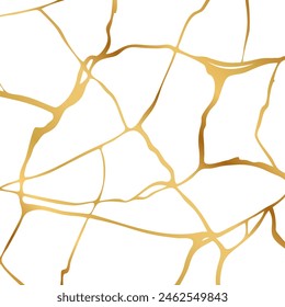 Gold kintsugi crack repair marble texture vector illustration isolated on white background. Broken foil marble pattern with golden dry cracks. Wedding card, cover or pattern Japanese motif background.