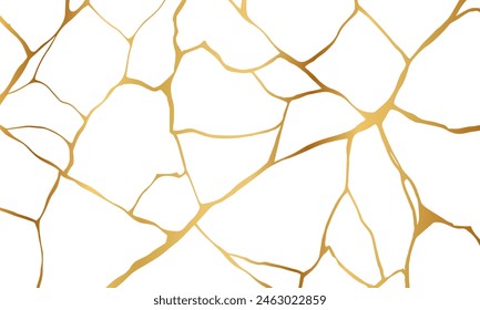 Gold kintsugi crack repair marble texture vector illustration isolated on white background. Broken foil marble pattern with golden dry cracks. Wedding card, cover or pattern Japanese motif background.