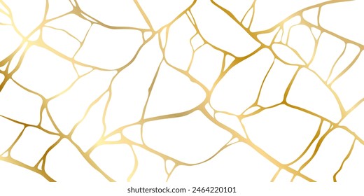 Gold kintsugi crack repair marble texture vector illustration isolated on white background. Broken foil marble pattern with golden dry cracks. Wedding card, cover or pattern Japanese motif background.