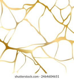 Gold kintsugi crack repair marble texture vector illustration isolated on white background. Broken foil marble pattern with golden dry cracks. Wedding card, cover or pattern Japanese motif background.