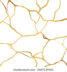 Gold kintsugi crack repair marble texture vector illustration isolated on white background. Broken foil marble pattern with golden dry cracks. Wedding card, cover or pattern Japanese motif background.