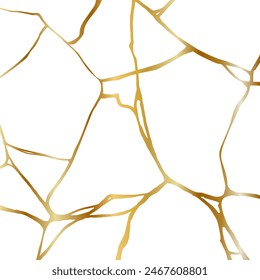 Gold kintsugi crack repair marble texture vector illustration isolated on white background. Broken foil marble pattern with golden dry cracks. Wedding card, cover or pattern Japanese motif background.