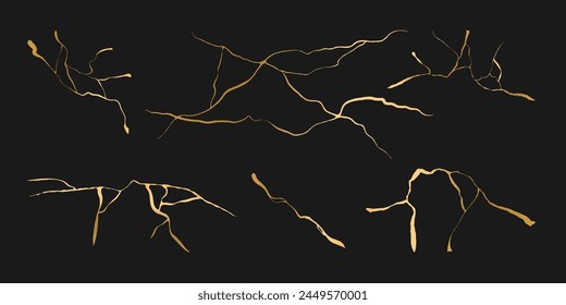 Gold kintsugi. Crack vector isolated elements on white backdrop. Golden texture. Broken ground pattern effect. Damaged glass background. Earthquake isolated concrete. Fissure set.