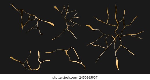 Gold kintsugi. Crack vector isolated elements on white backdrop. Golden texture. Broken ground pattern effect. Damaged glass background. Earthquake isolated concrete. Fissure set.