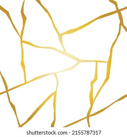 Gold kintsugi crack vector pattern on white background. Square golden texture, broken marble luxury stone pattern effect. Wedding card template, invitation background, stylish fashion pattern or print