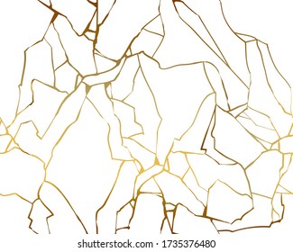 Gold kintsugi crack vector seamless pattern on white background. Golden texture. Broken marble luxury stone pattern effect. Foil wallpaper glitter graphic. Wedding card template. Cover surface 