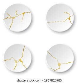 Gold Kintsugi cracks set. Broken and crack effect, craquelure and damaged texture. Vector illustrations can be used for kintsugi decorations, wall arts, home decoration, print and wallpaper
