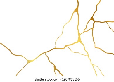 Gold Kintsugi Design Isolated On White Backdrop. Golden Crackle Texture Background. Luxury Broken Marble Stone Pattern For Wedding Invitation Or Card Template