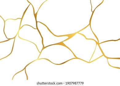 Gold Kintsugi Design Isolated On White Backdrop. Golden Crackle Texture Background. Luxury Broken Marble Stone Pattern For Wedding Invitation Or Card Template