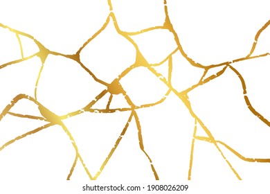 Gold kintsugi design isolated on white backdrop. Golden rough crackle texture background. Luxury broken marble stone pattern for wedding invitation or card template