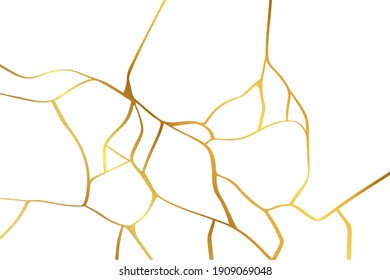 Gold kintsugi design isolated on white backdrop. Golden cracked texture background. Luxury broken marble stone pattern for wedding invitation or card template