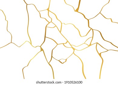 Gold Kintsugi Design Isolated On White Backdrop. Golden Crackle Texture Background. Luxury Broken Marble Stone Pattern For Wedding Invitation Or Card Template