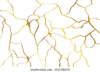 Gold Kintsugi Design Isolated On White Backdrop. Golden Crackle Texture Background. Luxury Broken Marble Stone Pattern For Wedding Invitation Or Card Template