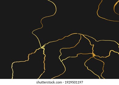 Diseño de kintahora dorado aislado sobre fondo negro. Fondo de textura crujiente dorado. Patrón de piedra de mármol roto de lujo para invitación de boda o plantilla de tarjeta