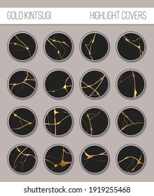 Gold kintsugi on black background. Highlights Stories Covers for popular social media.Crack and broken effects. Marble texture. Perfect for bloggers. Modern simple vector icons.
