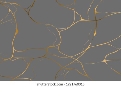 Gold kintsugi on gray background. Crack and broken effects. Marble texture. Luxury design for wall art, wallpaper, wedding card, social media. Modern vector illustration.