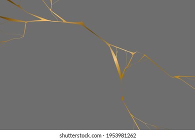 Gold kintsugi on gray background. Crack and broken effects. Marble texture. Luxury design for wall art, wallpaper, wedding card, social media. Modern vector illustration.