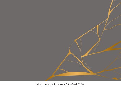 Gold kintsugi on gray background. Crack and broken effects. Marble texture. Luxury design for wall art, wallpaper, wedding card, social media. Modern vector illustration.