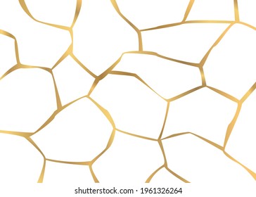 Gold kintsugi pattern, crack cover, broken line background. Polygonal template of kintsugi thin lines. Vector golden crackle on white background