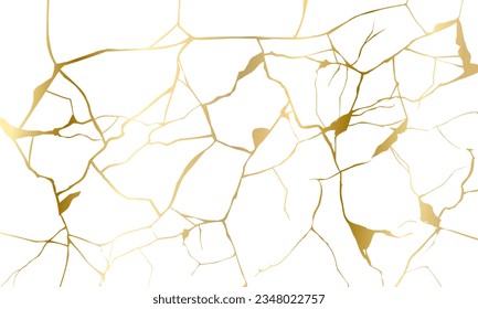 Gold kintsugi repair cracks background texture vector illustration isolated on white background. Broken foil marble pattern with golden dry cracks. Wedding card, cover or print pattern Japanese motif.