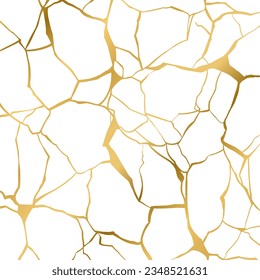 Gold kintsugi repair cracks background texture vector illustration isolated on white background. Broken foil marble pattern with golden dry cracks. Wedding card, cover or print pattern Japanese motif.