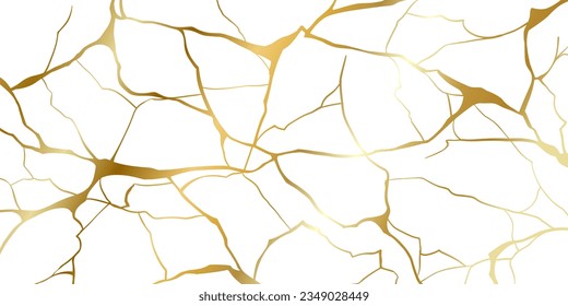 Gold kintsugi repair cracks background texture vector illustration isolated on white background. Broken foil marble pattern with golden dry cracks. Wedding card, cover or print pattern Japanese motif.