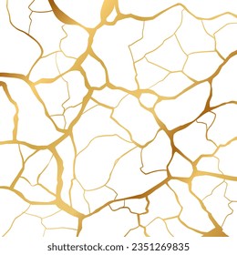 Gold kintsugi repair cracks background texture vector illustration isolated on white background. Broken foil marble pattern with golden dry cracks. Wedding card, cover or print pattern Japanese motif.