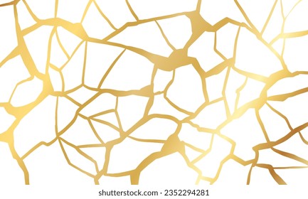 Gold kintsugi repair cracks background texture vector illustration isolated on white background. Broken foil marble pattern with golden dry cracks. Wedding card, cover or print pattern Japanese motif.