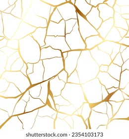 Gold kintsugi repair cracks background texture vector illustration isolated on white background. Broken foil marble pattern with golden dry cracks. Wedding card, cover or print pattern Japanese motif.