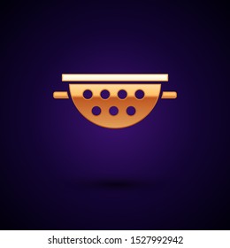 Gold Kitchen colander icon isolated on dark blue background. Cooking utensil. Cutlery sign.  Vector Illustration
